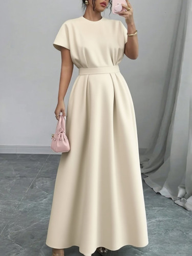 Solid Color Pleated Short Sleeves Loose Round-Neck Maxi Dresses
