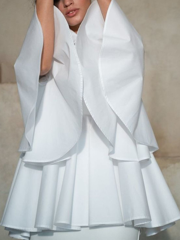 Split-Joint Solid Color Pleated Flared Sleeves Lapel Blouses&shirts Tops