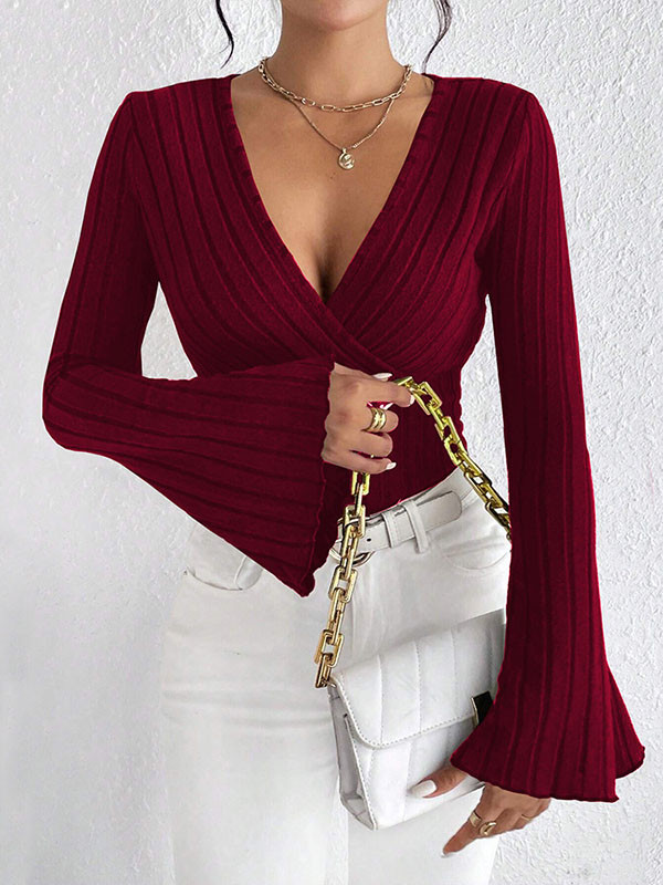Split-Joint Solid Color Skinny Long Sleeves Deep V-Neck T-Shirts Tops