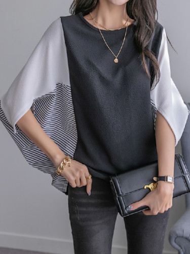 Split-Joint Contrast Color Short Sleeves Loose Round-Neck T-Shirts Tops