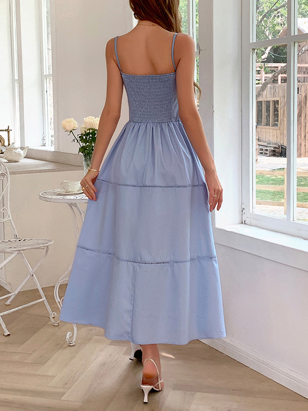 Tied Solid Color Pleated Elasticity Sleeveless A-Line Spaghetti-Neck Midi Dresses