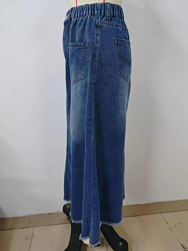Split-Joint Pockets Fringed Elasticity Buttoned Loose A-Line Skirts Bottoms