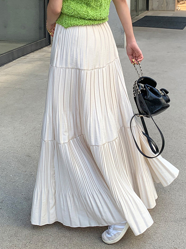 Split-Joint Solid Color Pleated Loose High Waisted Skirts Bottoms