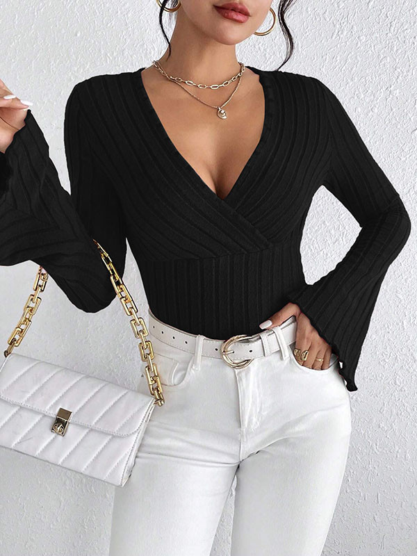 Split-Joint Solid Color Skinny Long Sleeves Deep V-Neck T-Shirts Tops