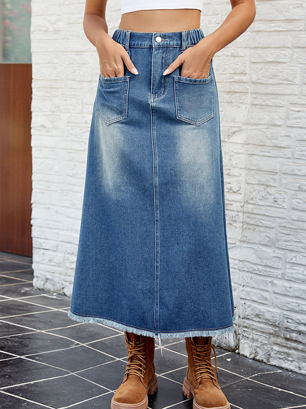 Split-Joint Pockets Fringed Elasticity Buttoned Loose A-Line Skirts Bottoms