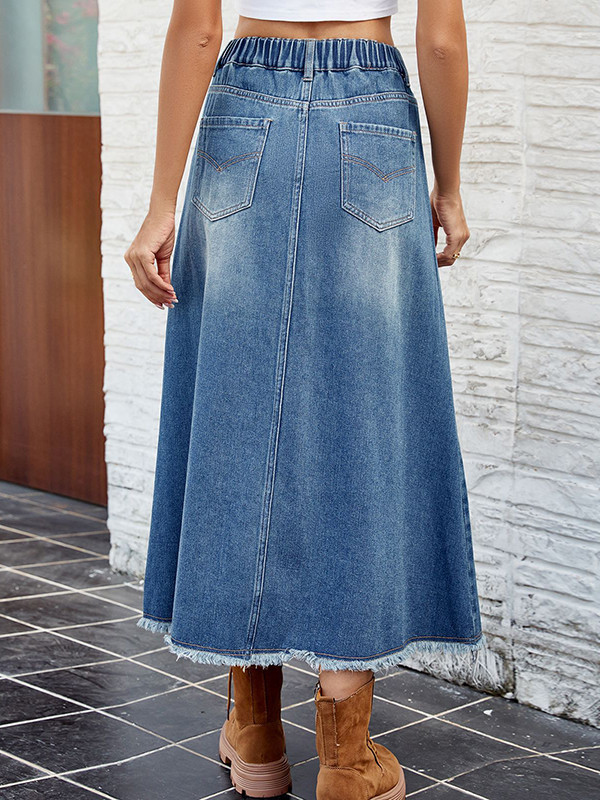 Split-Joint Pockets Fringed Elasticity Buttoned Loose A-Line Skirts Bottoms