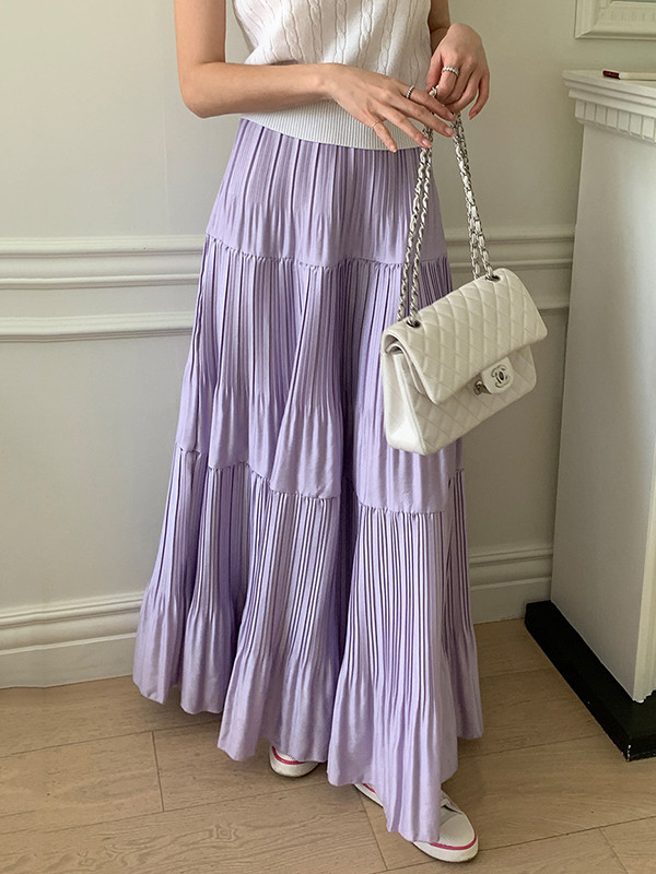 Split-Joint Solid Color Pleated Loose High Waisted Skirts Bottoms