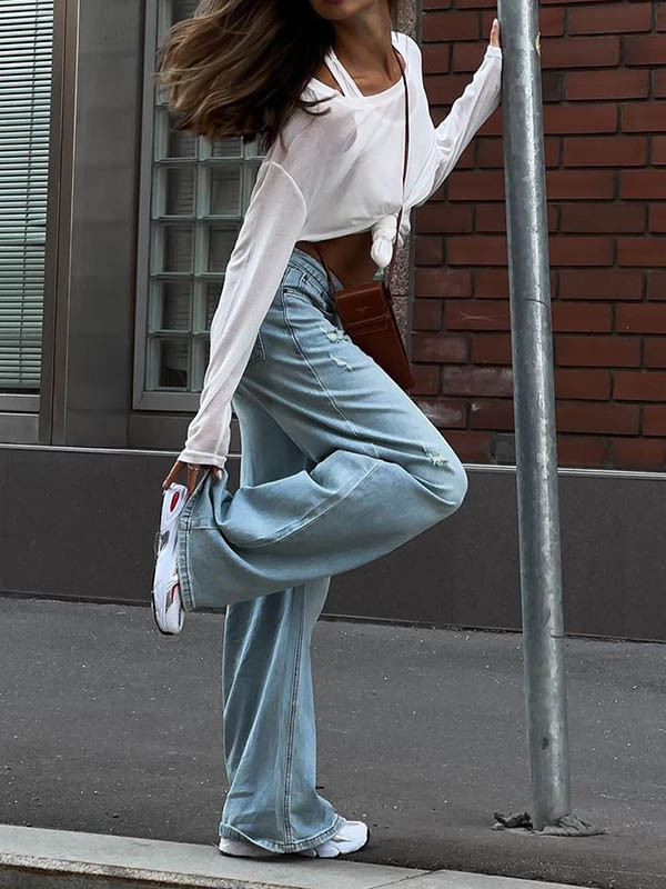 Solid Color Loose Long Sleeves Round-Neck T-Shirts Tops