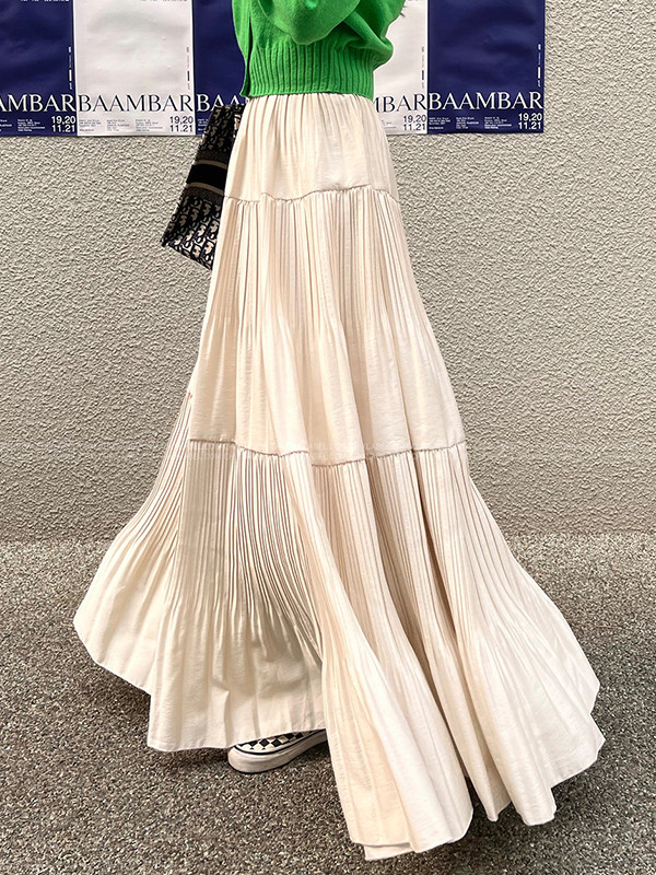 Split-Joint Solid Color Pleated Loose High Waisted Skirts Bottoms