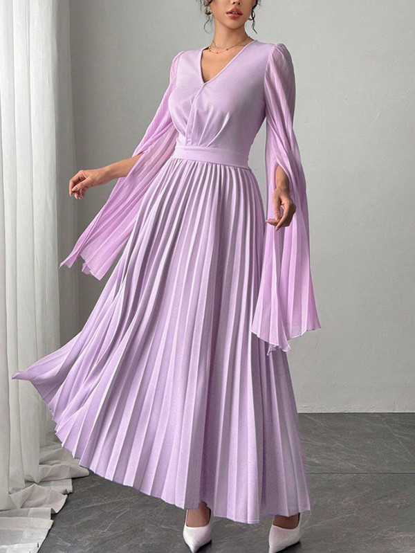 Solid Color Pleated Loose Long Sleeves V-Neck Maxi Dresses