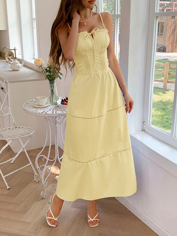 Tied Solid Color Pleated Elasticity Sleeveless A-Line Spaghetti-Neck Midi Dresses