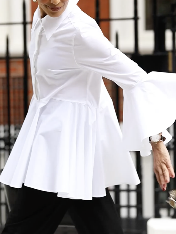 Split-Joint Solid Color Pleated Flared Sleeves Lapel Blouses&shirts Tops
