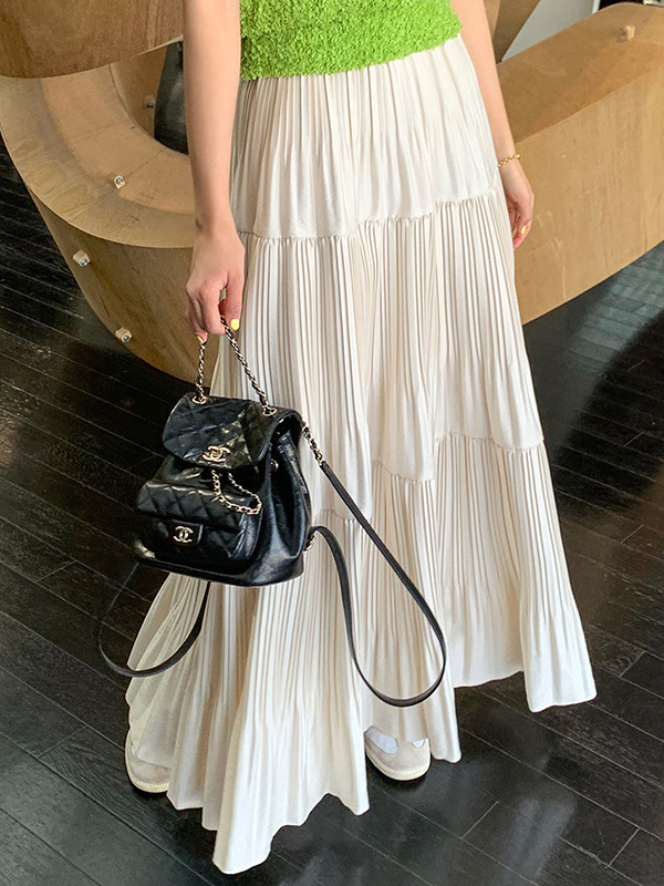 Split-Joint Solid Color Pleated Loose High Waisted Skirts Bottoms