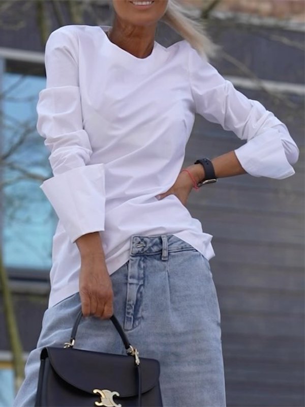 Solid Color Loose Long Sleeves Round-neck T-Shirts Tops