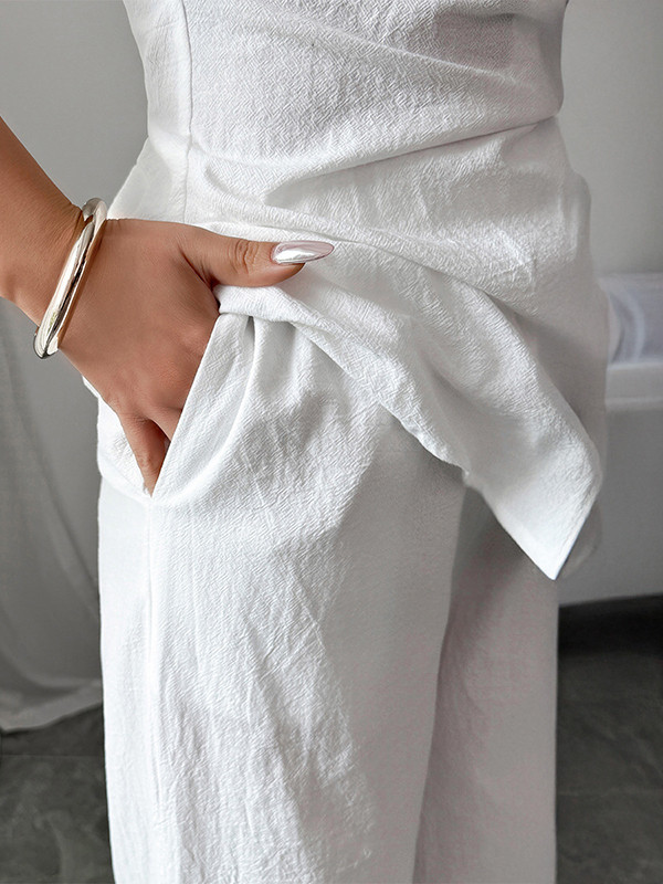 Solid Color Short Sleeves Buttoned Tied Lapel T-shirt Top + Pockets Pants Bottom Two Pieces Set