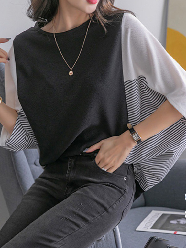 Split-Joint Contrast Color Short Sleeves Loose Round-Neck T-Shirts Tops