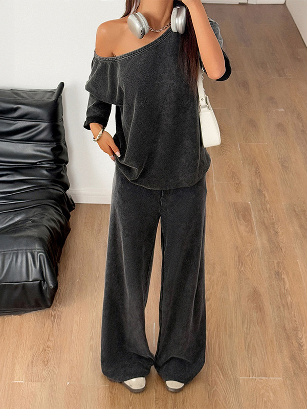 One-Shoulder Loose Short Sleeves Solid Color T-shirt Top + Pockets Pants Bottom Two Pieces Set