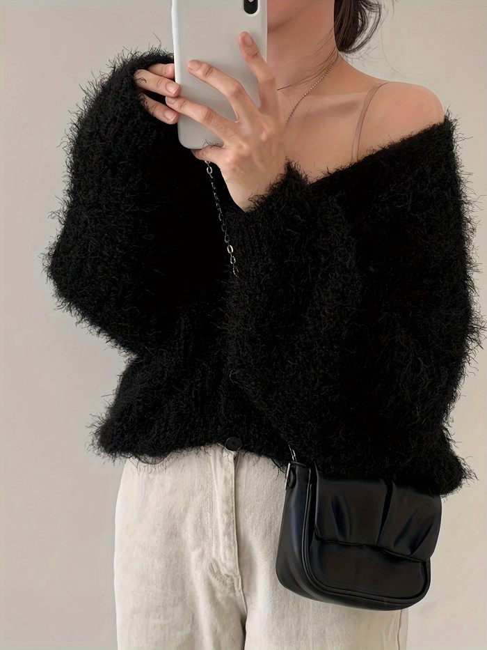 Cozy V-Neck Loose Fit Long Sleeve Sweater Coat | Imitation Mink Cardigan