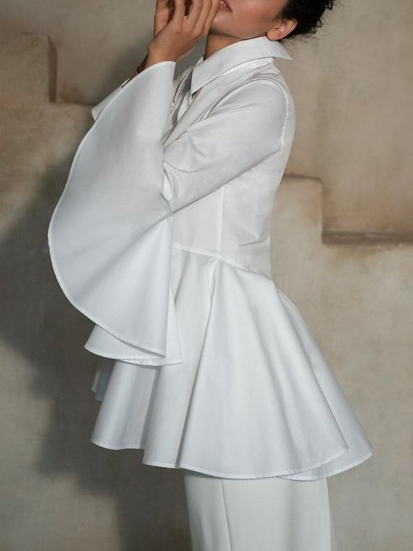 Split-Joint Solid Color Pleated Flared Sleeves Lapel Blouses&shirts Tops