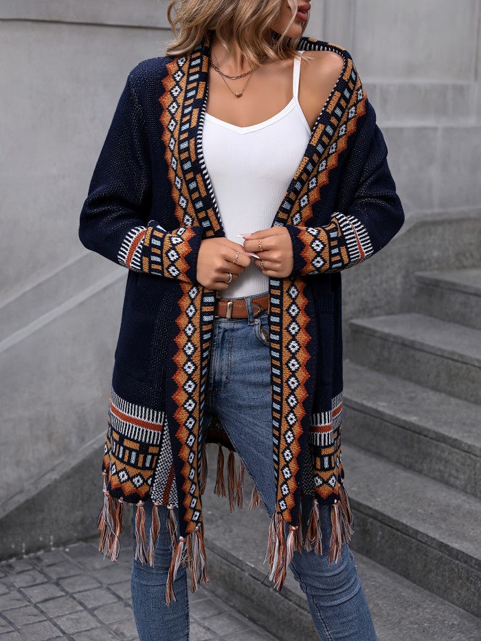 Vibrant Geo Pattern Tassel Hem Cardigan