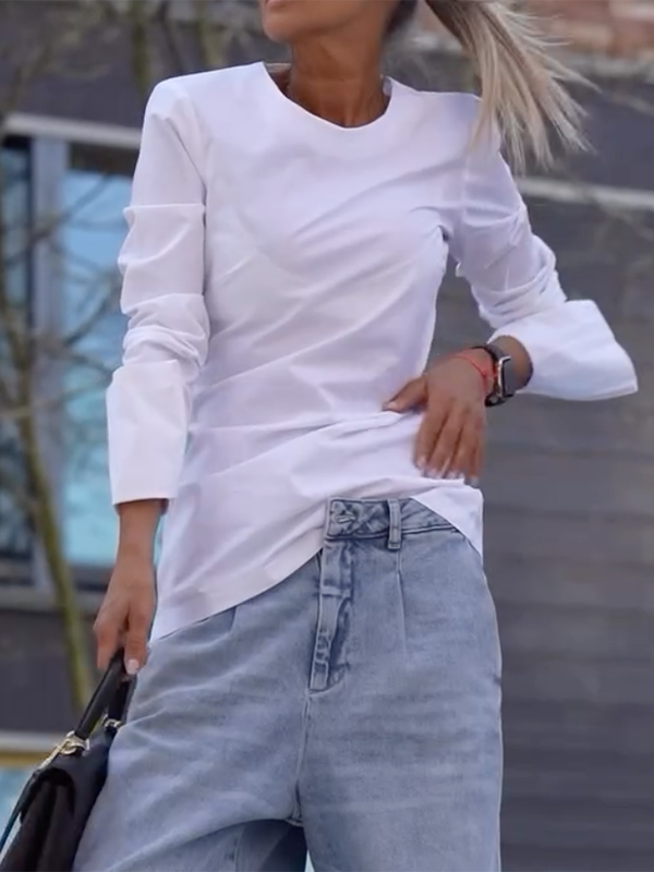 Solid Color Loose Long Sleeves Round-neck T-Shirts Tops