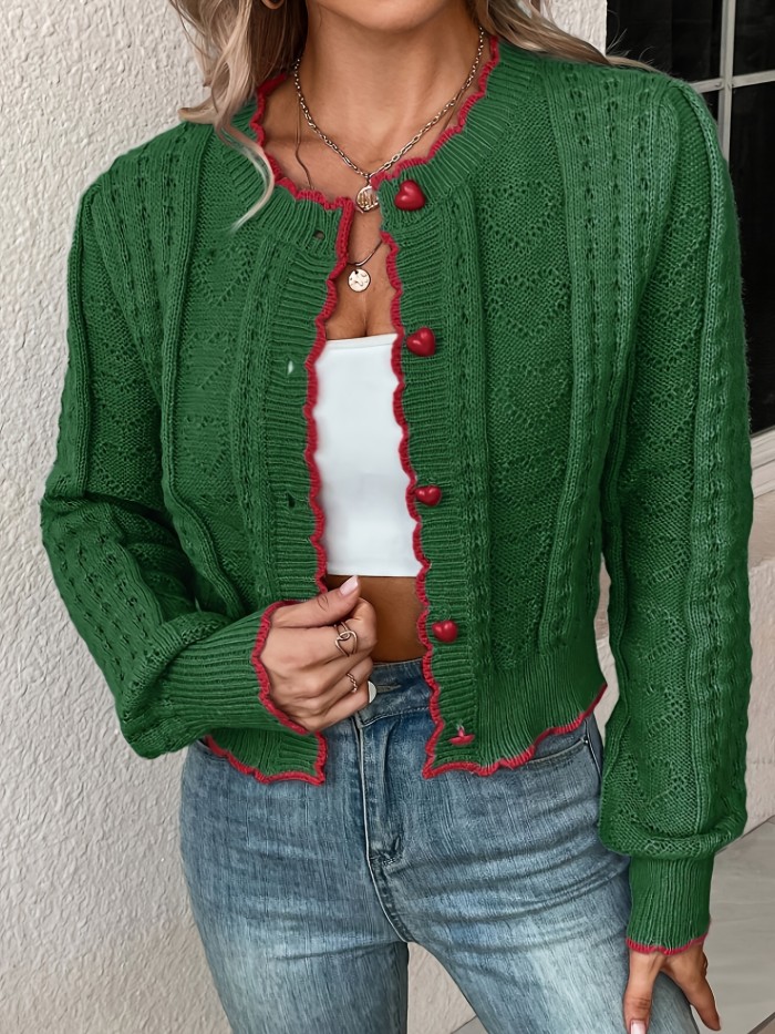 Women'S Chic Green & Red Trim Knit Cardigan
