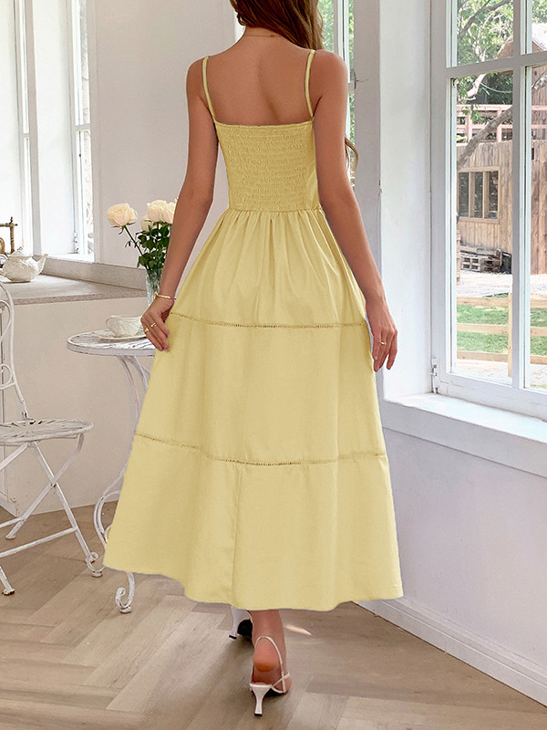 Tied Solid Color Pleated Elasticity Sleeveless A-Line Spaghetti-Neck Midi Dresses