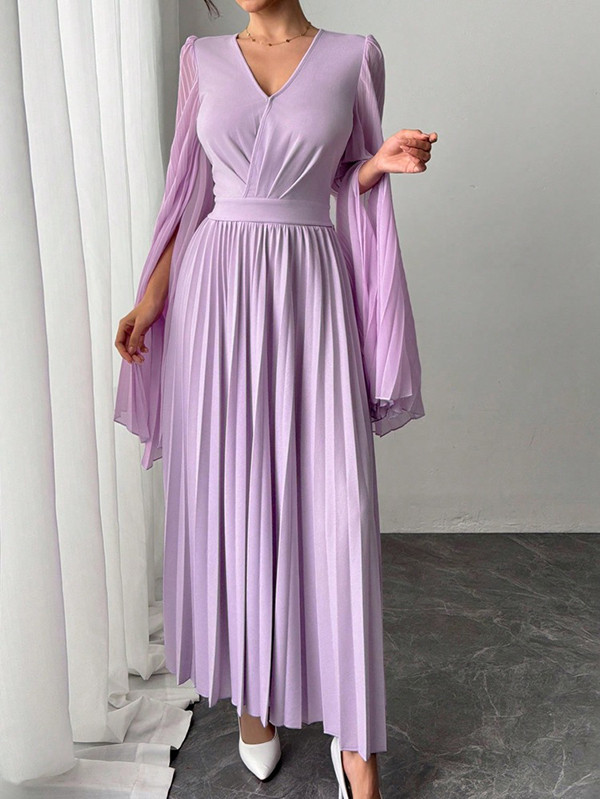 Solid Color Pleated Loose Long Sleeves V-Neck Maxi Dresses