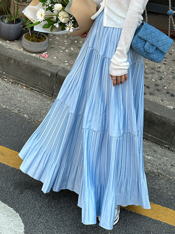 Split-Joint Solid Color Pleated Loose High Waisted Skirts Bottoms