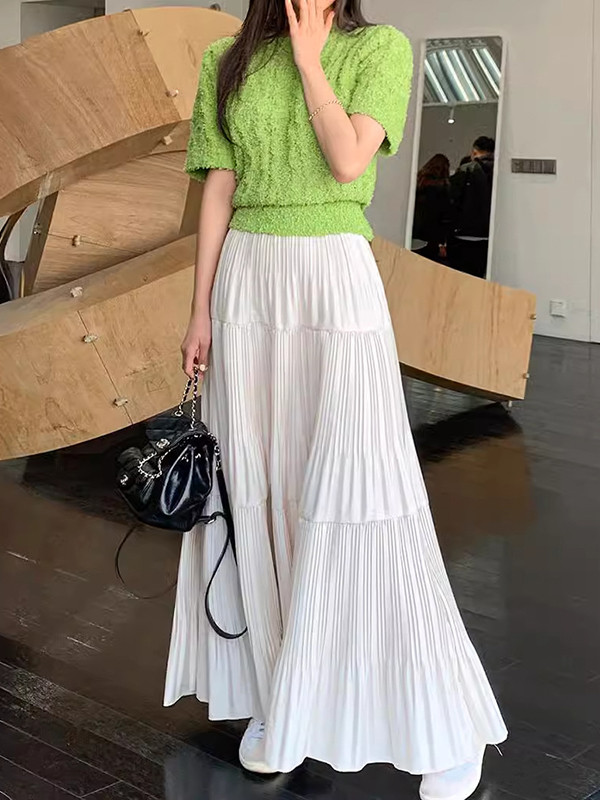Split-Joint Solid Color Pleated Loose High Waisted Skirts Bottoms