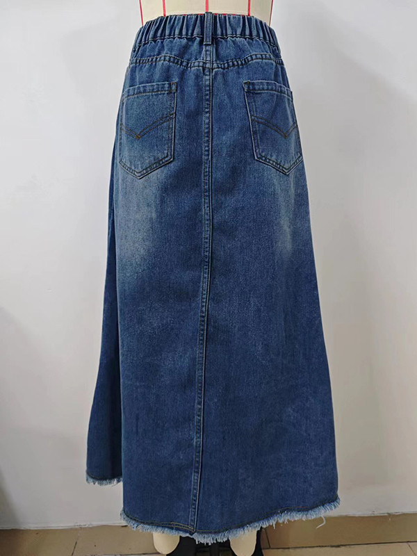 Split-Joint Pockets Fringed Elasticity Buttoned Loose A-Line Skirts Bottoms