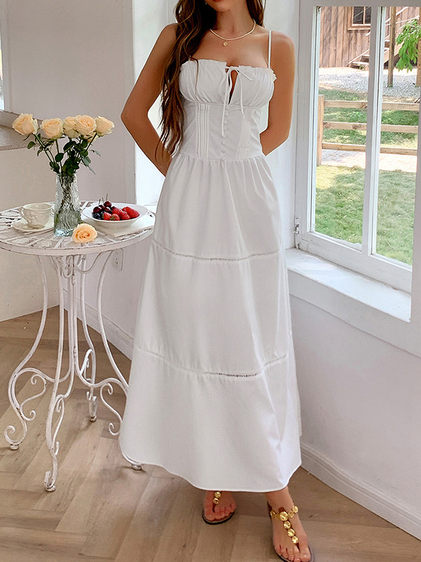 Tied Solid Color Pleated Elasticity Sleeveless A-Line Spaghetti-Neck Midi Dresses