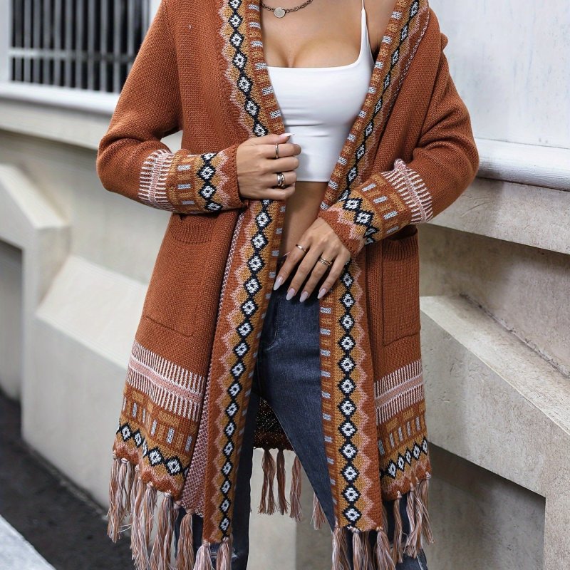 Vibrant Geo Pattern Tassel Hem Cardigan