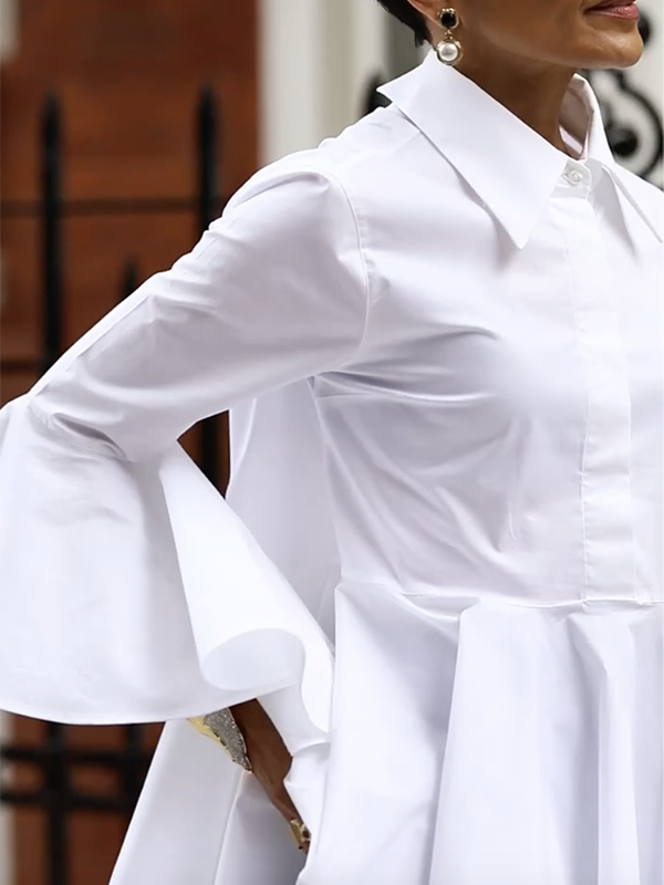 Split-Joint Solid Color Pleated Flared Sleeves Lapel Blouses&shirts Tops