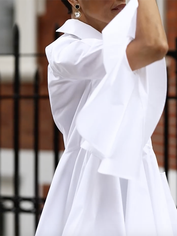 Split-Joint Solid Color Pleated Flared Sleeves Lapel Blouses&shirts Tops