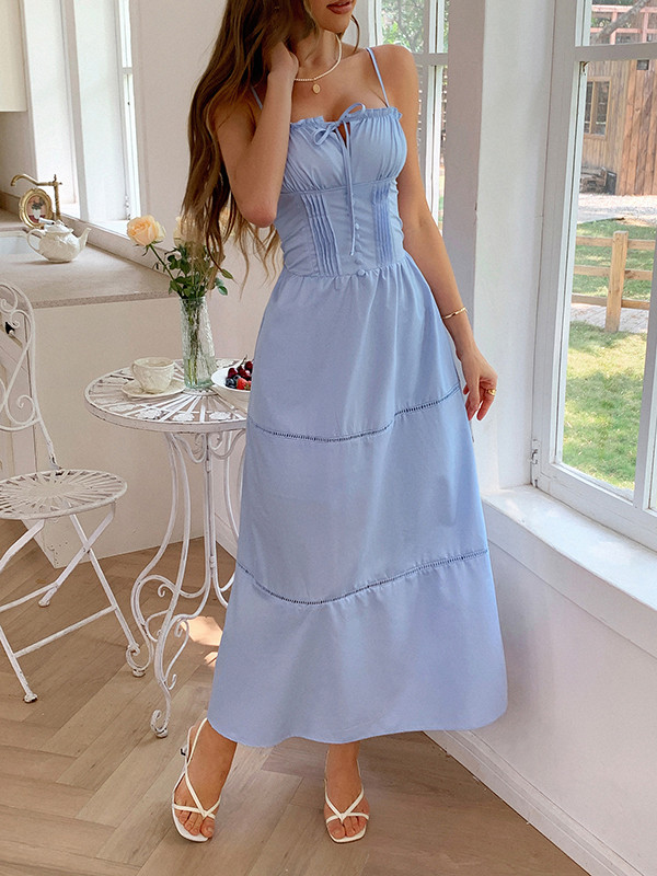 Tied Solid Color Pleated Elasticity Sleeveless A-Line Spaghetti-Neck Midi Dresses