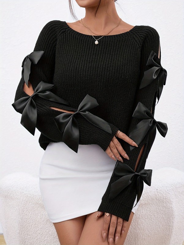 Elegant Long Sleeve Sweater Bowknot Decor Crew Neck
