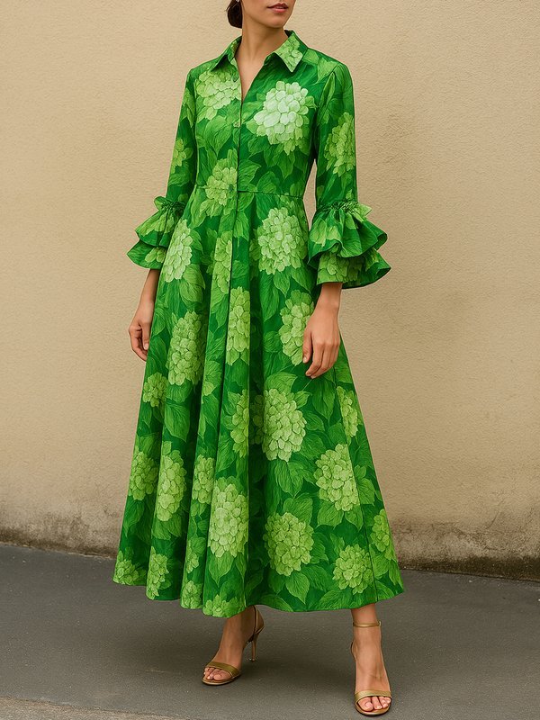 Pleated Flower Print Loose Long Sleeves V-Neck Maxi Dresses