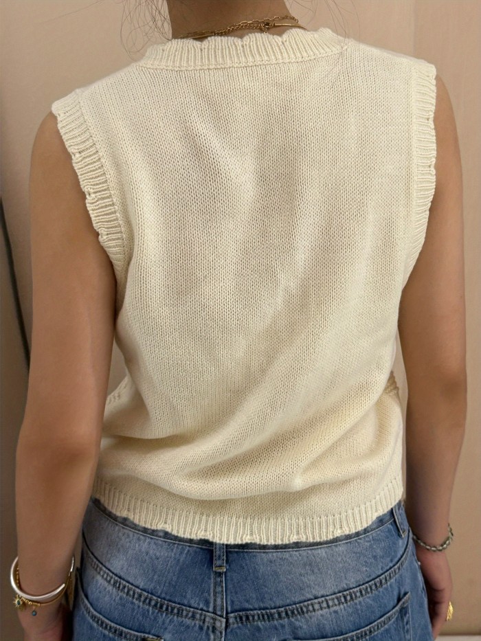 Women'S Vintage Floral Embroidered Button Front Sleeveless Sweater Vest