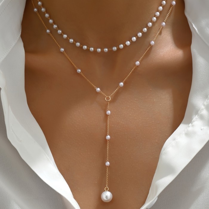 1pc Elegant Double Layer Faux Pearl Tassel Necklace