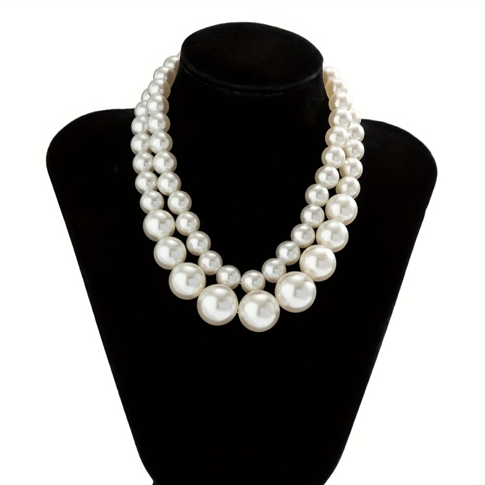 2 Pcs Classic Imitation Pearl Necklace Set - Simple, Fashionable Beaded Statement for Daily, Vacation, and All-Season Wear