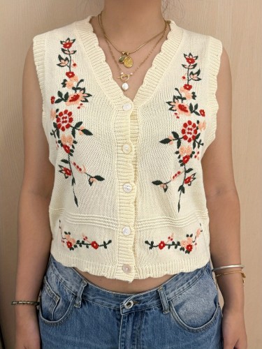 Women'S Vintage Floral Embroidered Button Front Sleeveless Sweater Vest