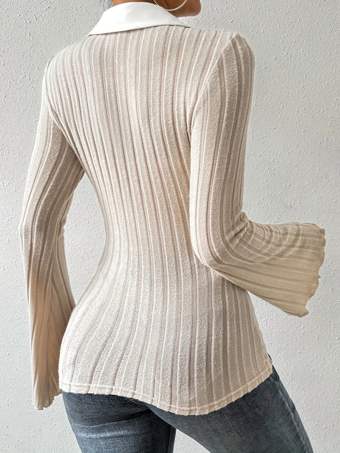Casual Slim Ribbed Color Block Collar Sweater - Long Sleeve For Spring & Fall - Women's Clothing