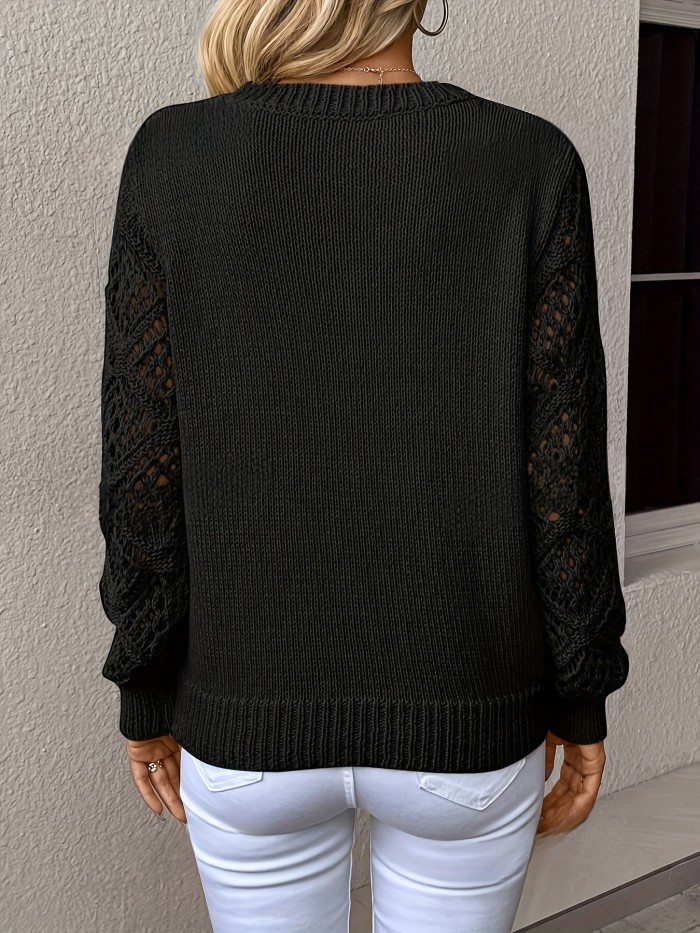 Hollow Out V Neck Pullover Long Sleeve Solid Color Knitted Sweater