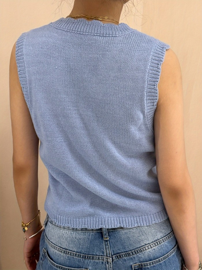 Women'S Vintage Floral Embroidered Button Front Sleeveless Sweater Vest