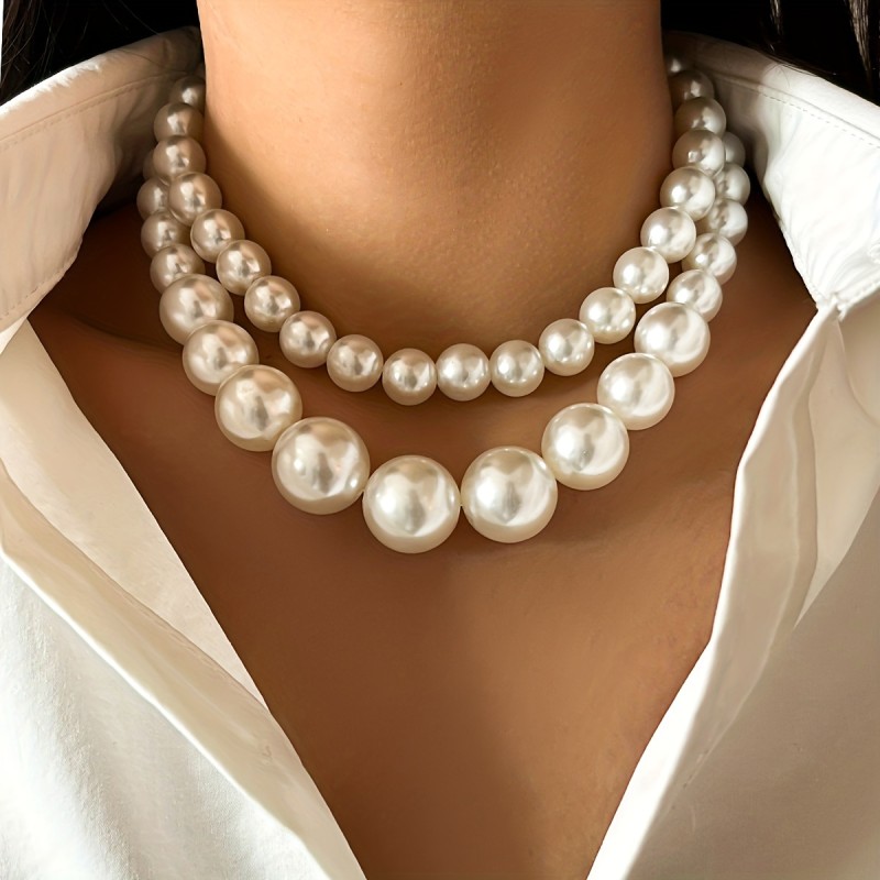 2 Pcs Classic Imitation Pearl Necklace Set - Simple, Fashionable Beaded Statement for Daily, Vacation, and All-Season Wear