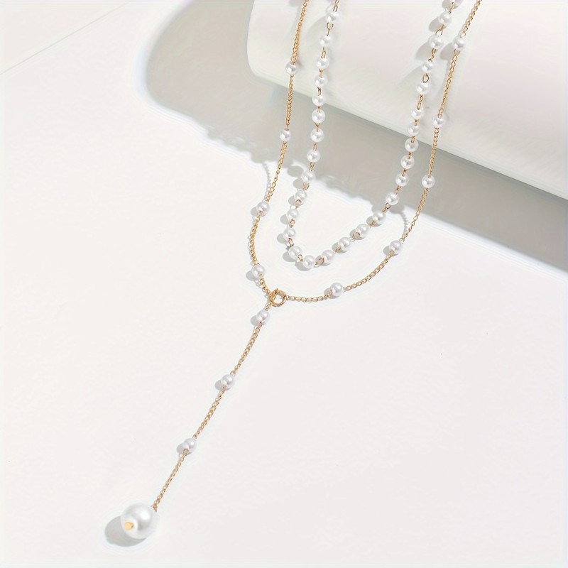 1pc Elegant Double Layer Faux Pearl Tassel Necklace