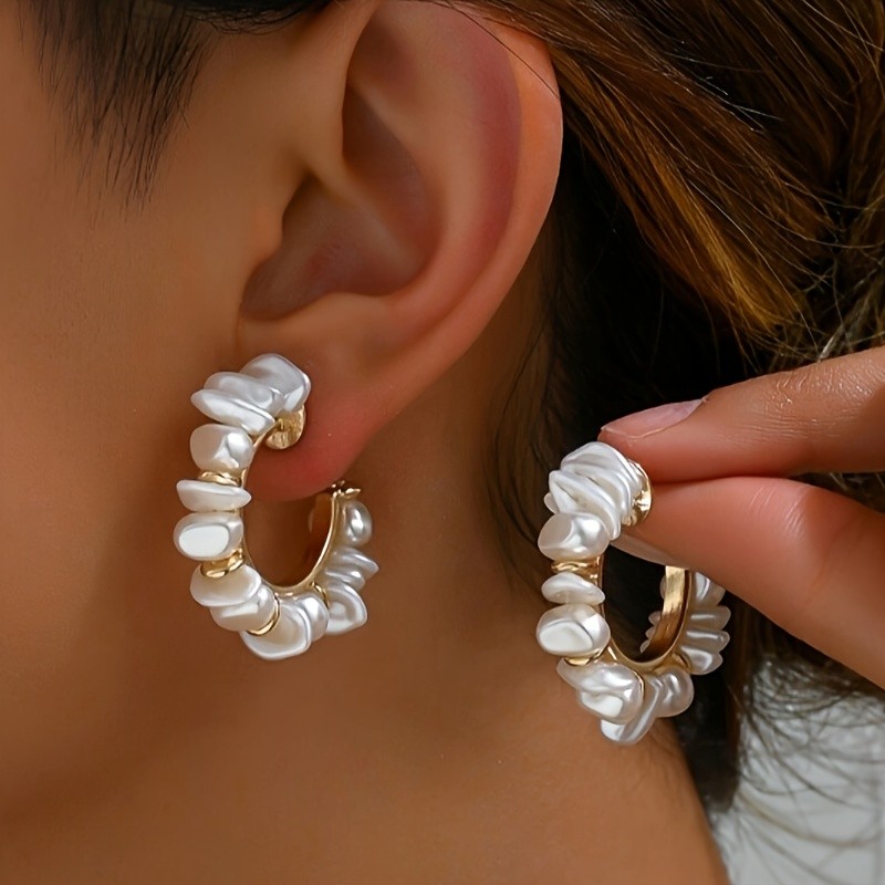 Elegant Pearl Earrings 2pcs Elegant Bohemian Handmade Woven Baroque Pearl Hoop Earrings