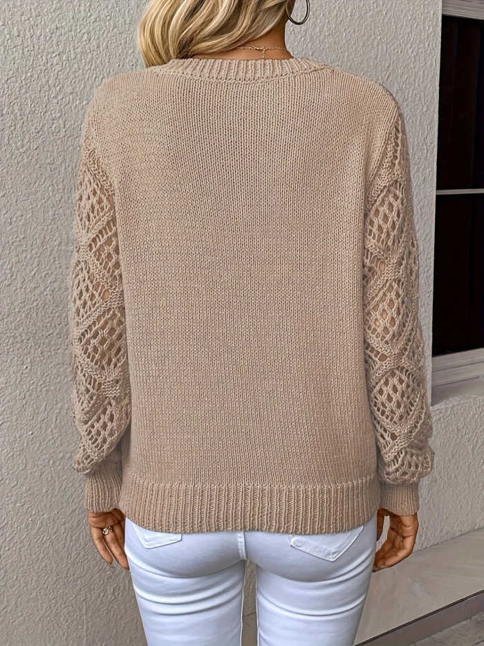 Hollow Out V Neck Pullover Long Sleeve Solid Color Knitted Sweater