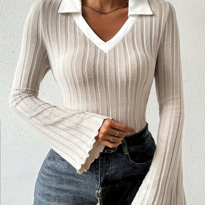 Casual Slim Ribbed Color Block Collar Sweater - Long Sleeve For Spring & Fall - Women's Clothing